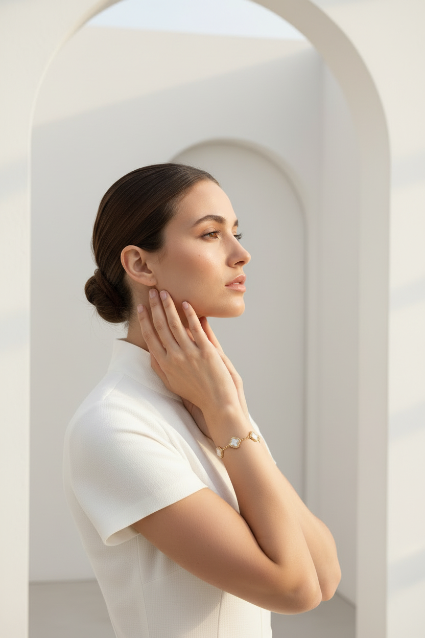 Woman in a white outfit standing in a light, architectural setting