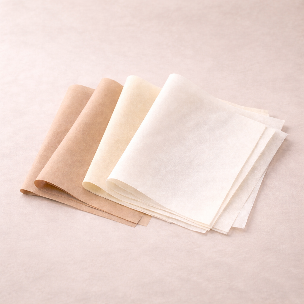Three folded fabric swatches in beige, cream, and white on a light beige background