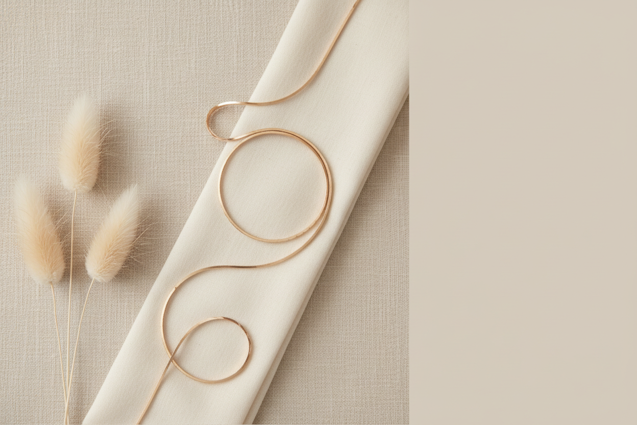 Gold circular earrings on a beige fabric background with dried flowers.