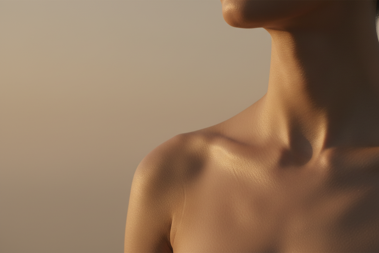 Naked shoulder and neck of a person against a neutral background