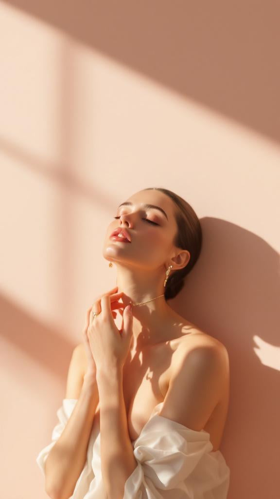 Woman in a white dress against a pink wall with soft lighting