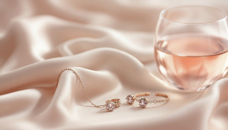 Rose gold jewelry set on a soft fabric background with a glass of water.