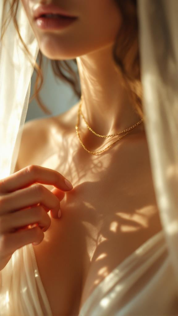 Close-up of a person wearing a gold necklace with soft lighting