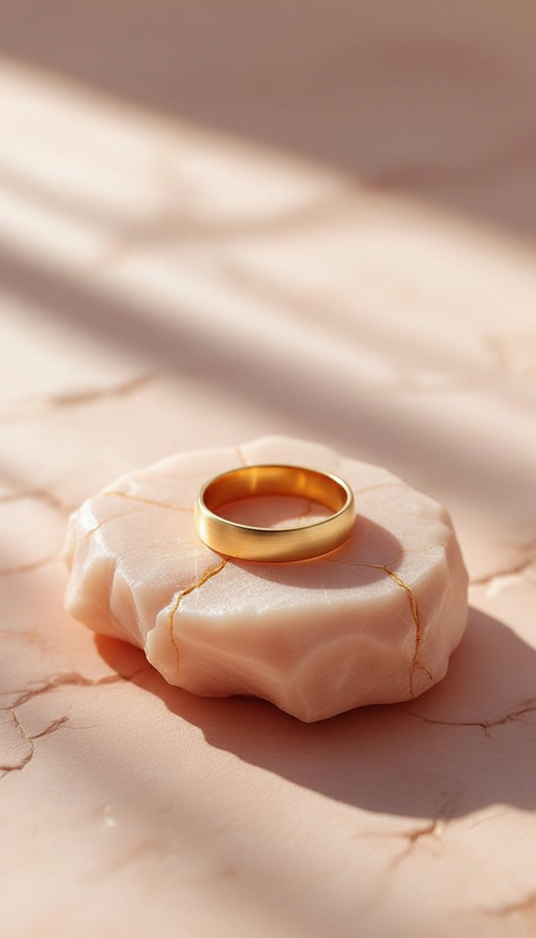 Gold ring on a pink marble surface