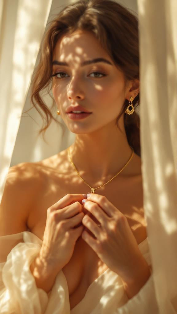 Woman wearing gold jewelry with a soft, warm background