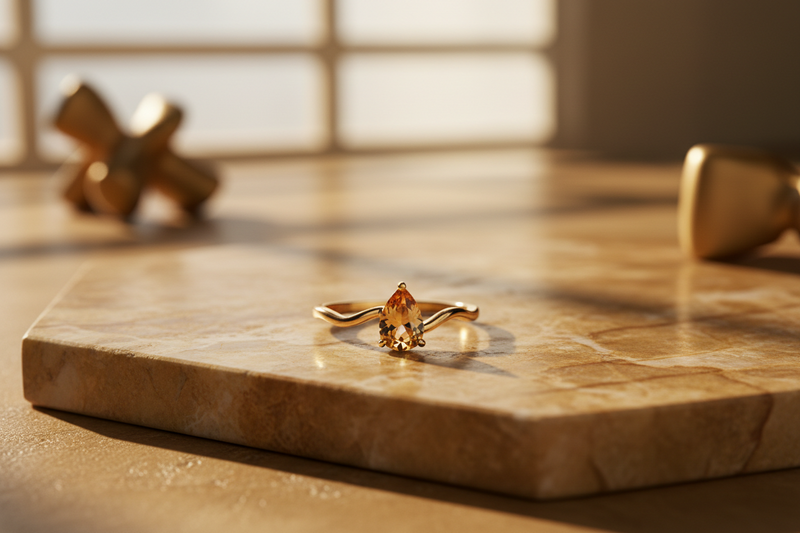 Gold ring with a gemstone on a wooden surface