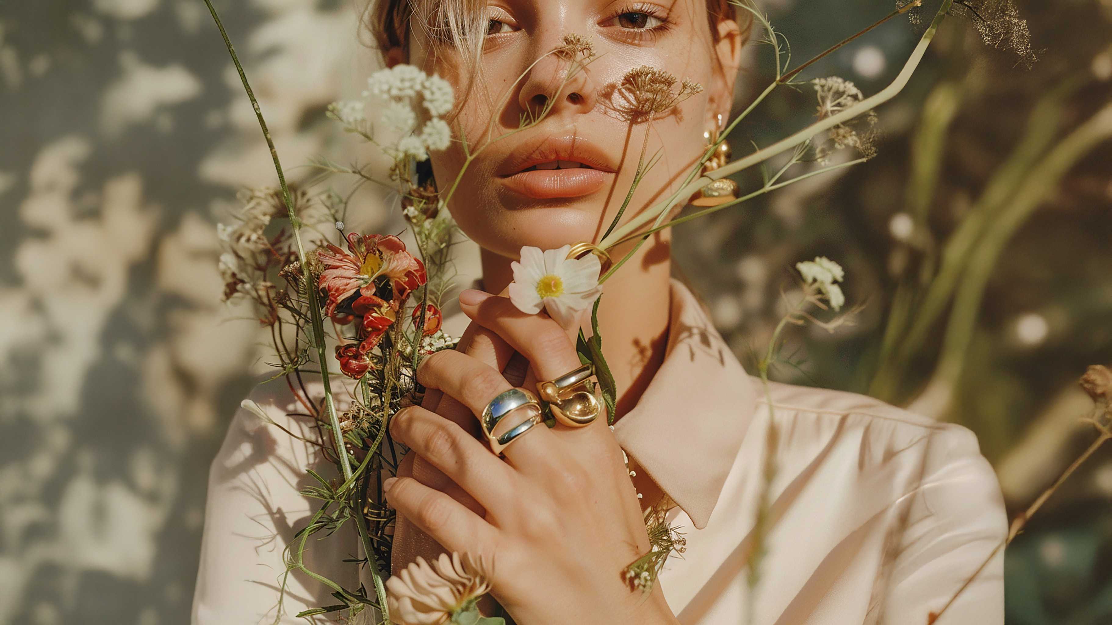 model in the garden, wearing gold jewellery 