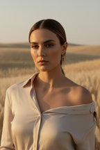 Woman in a beige shirt standing in a field with warm lighting
