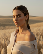 Woman standing in a wheat field with a scenic background