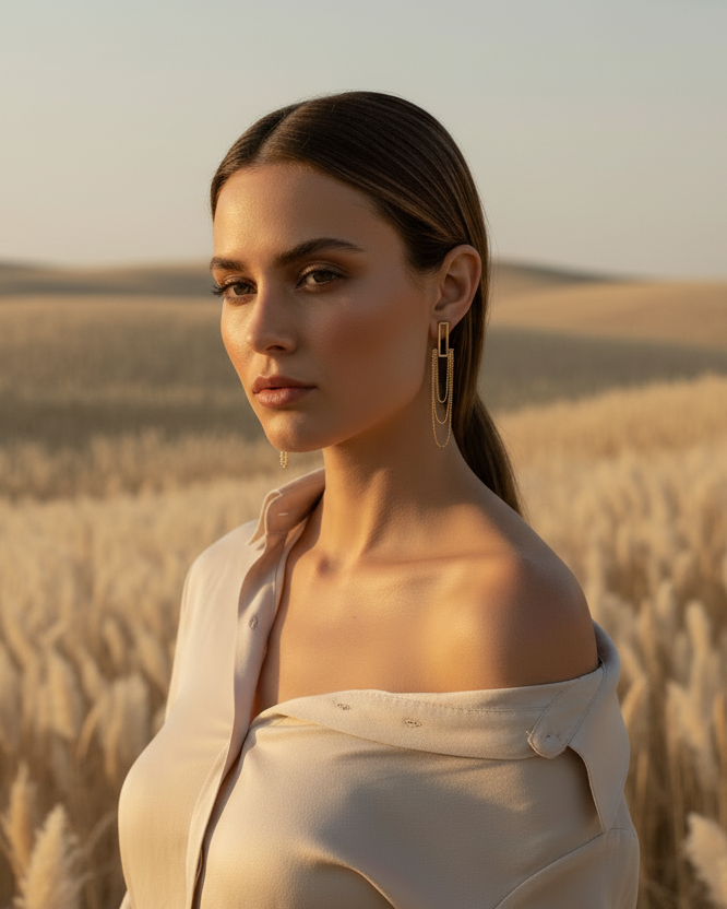 Woman standing in a wheat field with a scenic background