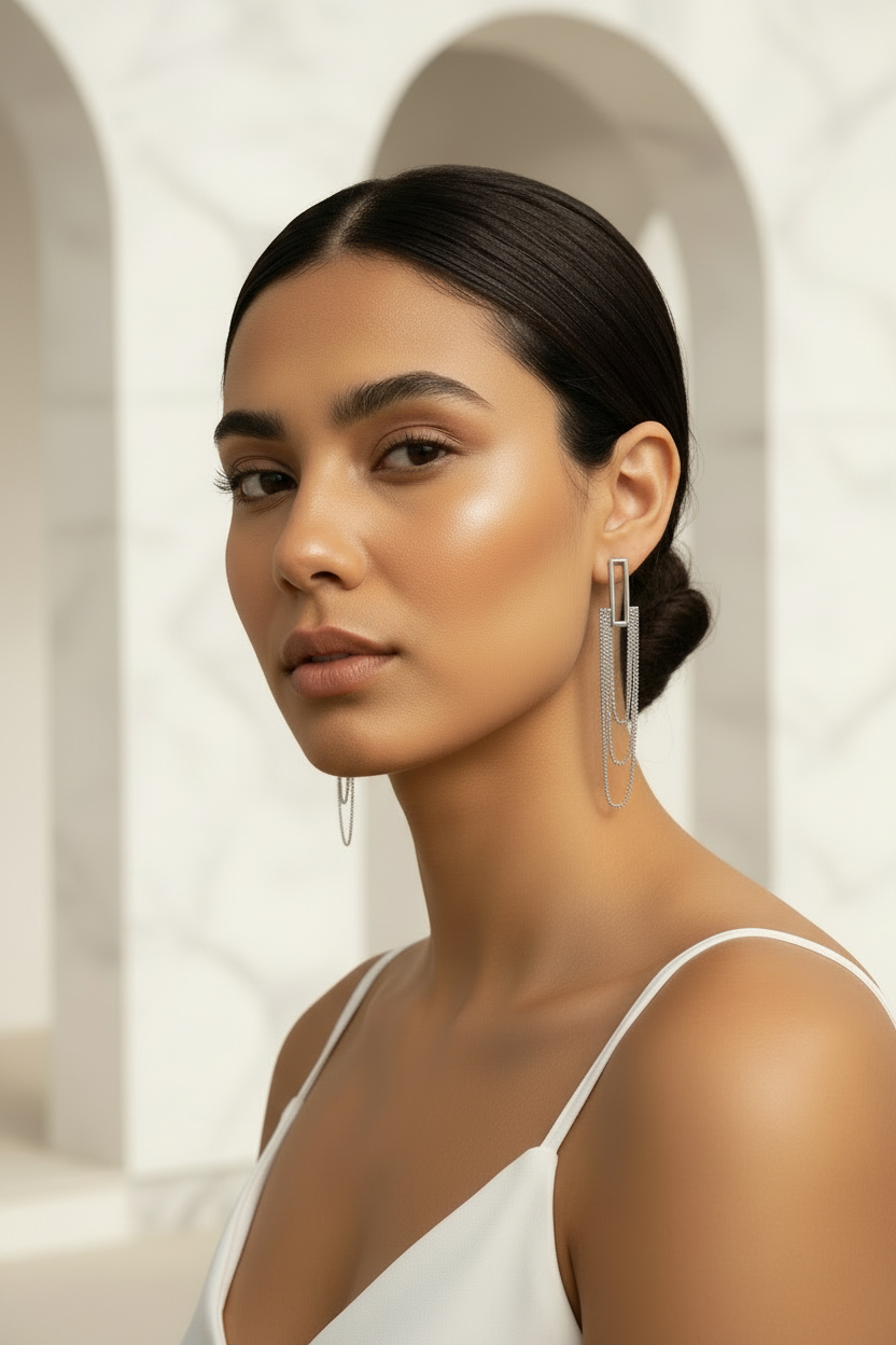 Woman wearing large  earrings with a neutral background