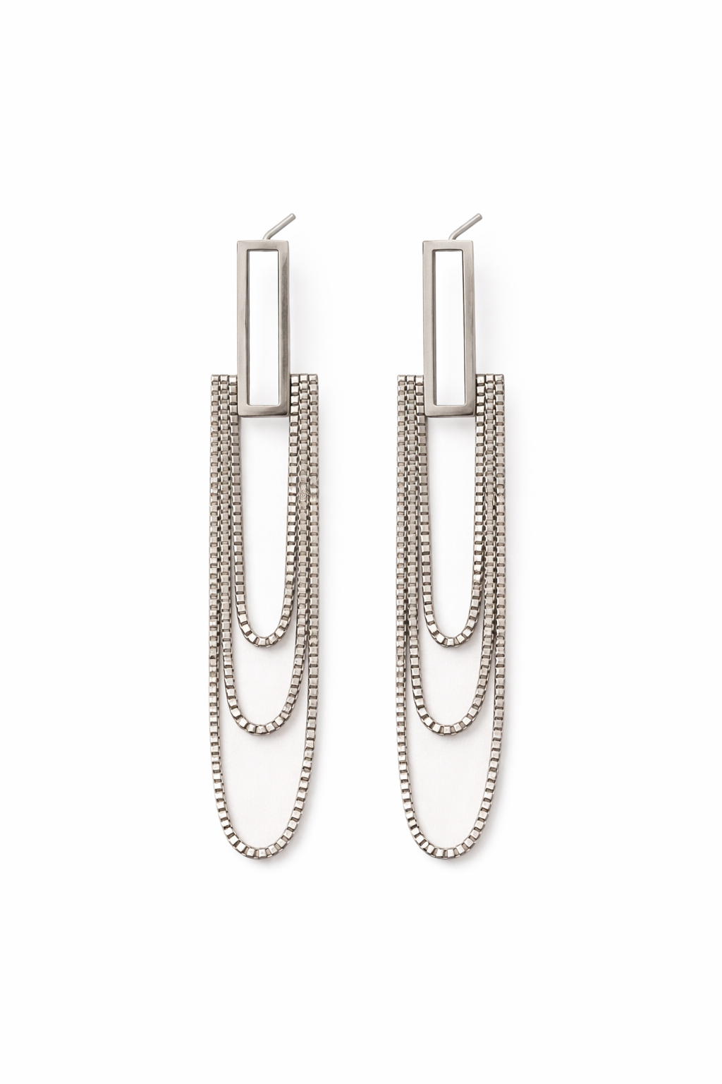 Pair of silver chain earrings on a white background