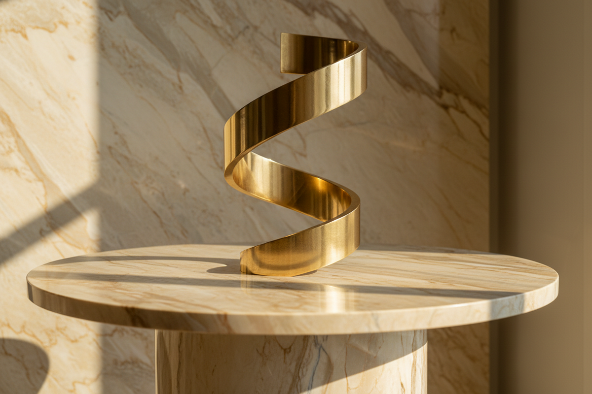 Gold spiral sculpture on a marble pedestal against a marble wall.
