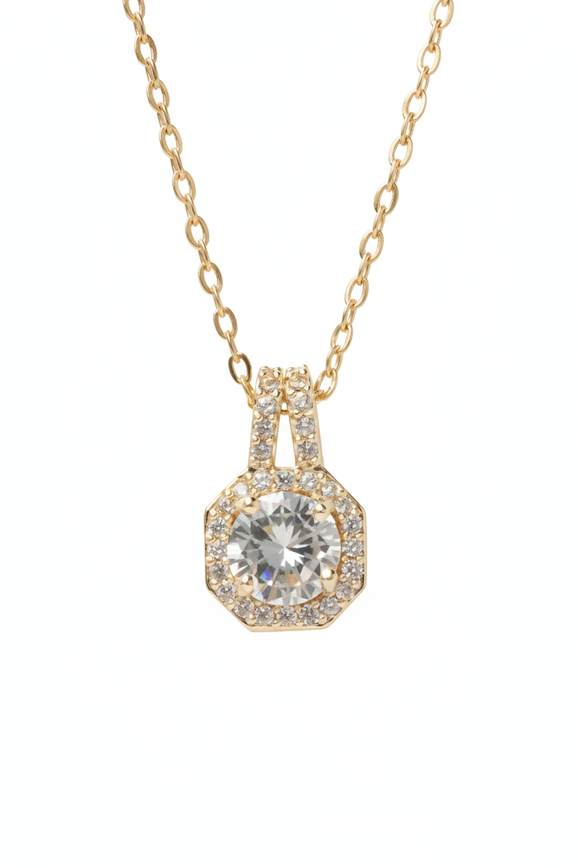Élise Halo Necklace fine chain necklace on clean white background, product flat lay, ZARIÉ fine jewellery LUMIÈRE collection