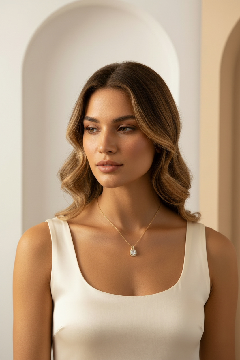 Élise Halo Necklace fine chain necklace lifestyle shot worn on model against neutral background, ZARIÉ fine jewellery LUMIÈRE collection