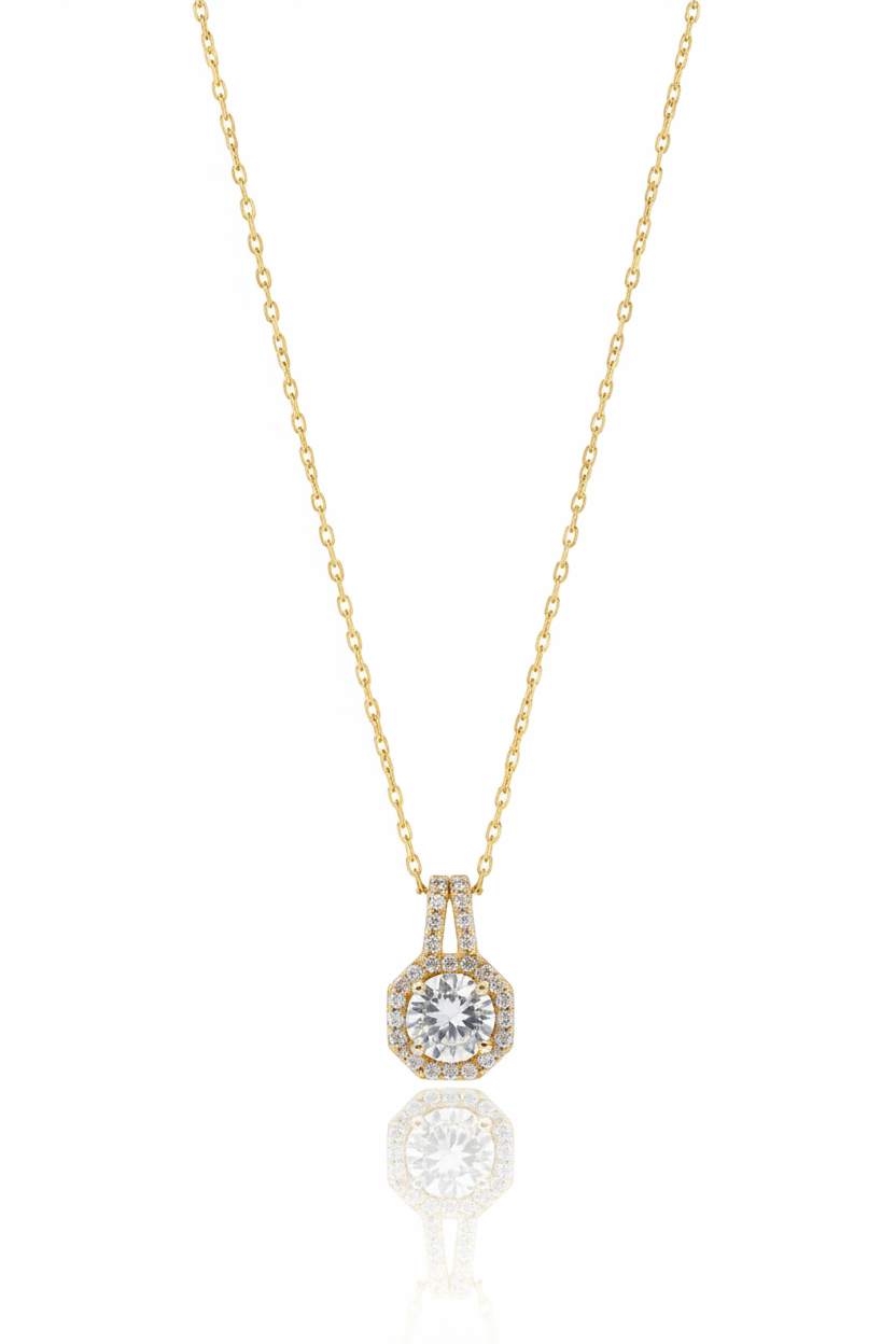Élise Halo Necklace fine chain necklace on clean white background, product flat lay, ZARIÉ fine jewellery LUMIÈRE collection