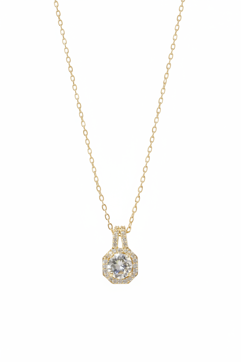 Élise Halo Necklace fine chain necklace on clean white background, product flat lay, ZARIÉ fine jewellery LUMIÈRE collection
