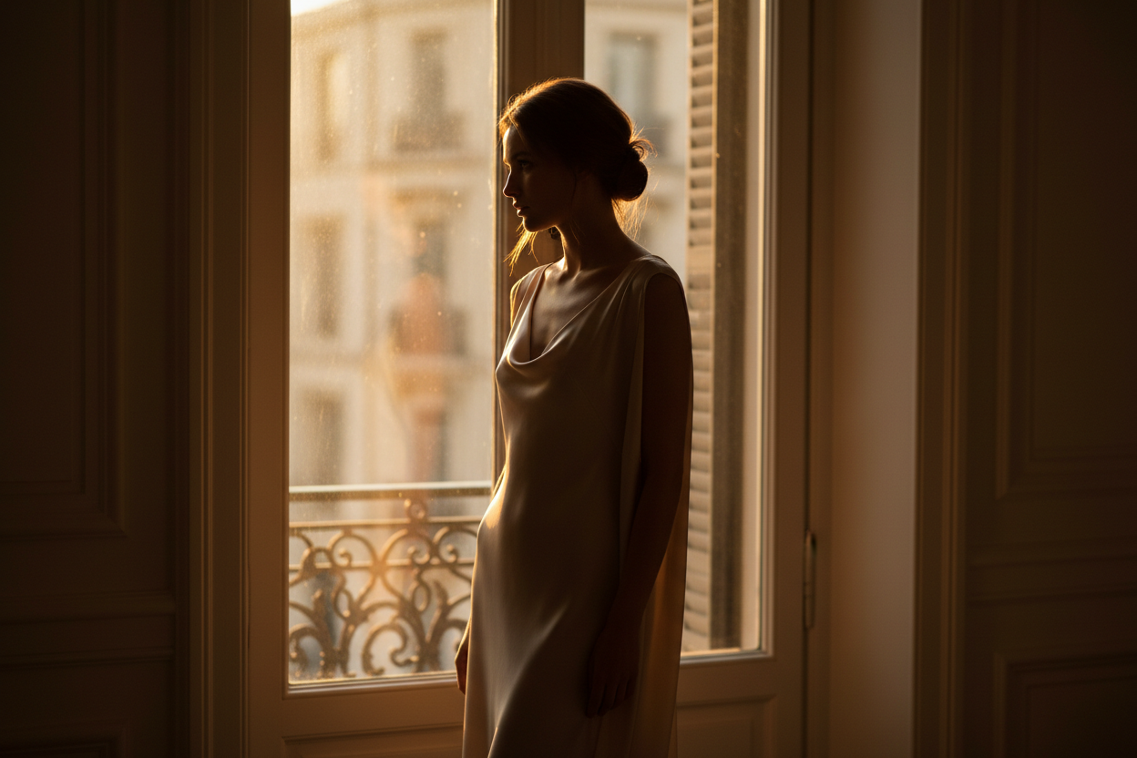 Woman standing by a window with soft, warm light filtering through.