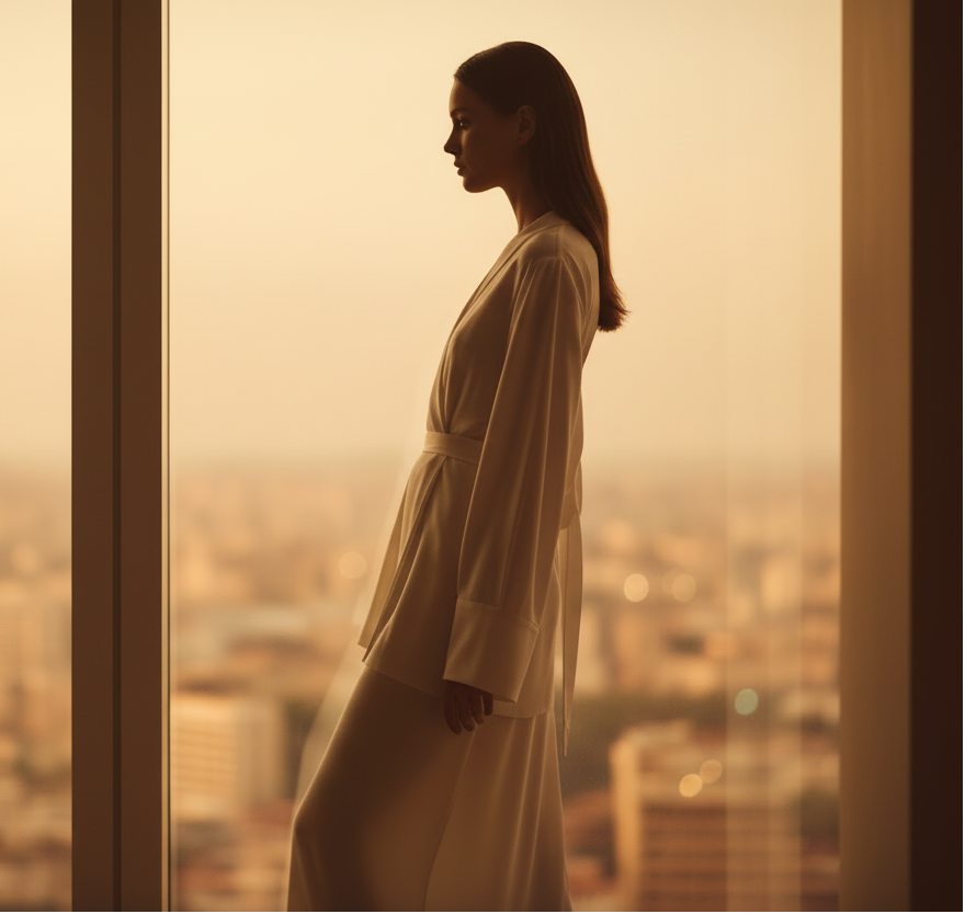 Woman in a white dress standing by a window with a cityscape view during sunset.