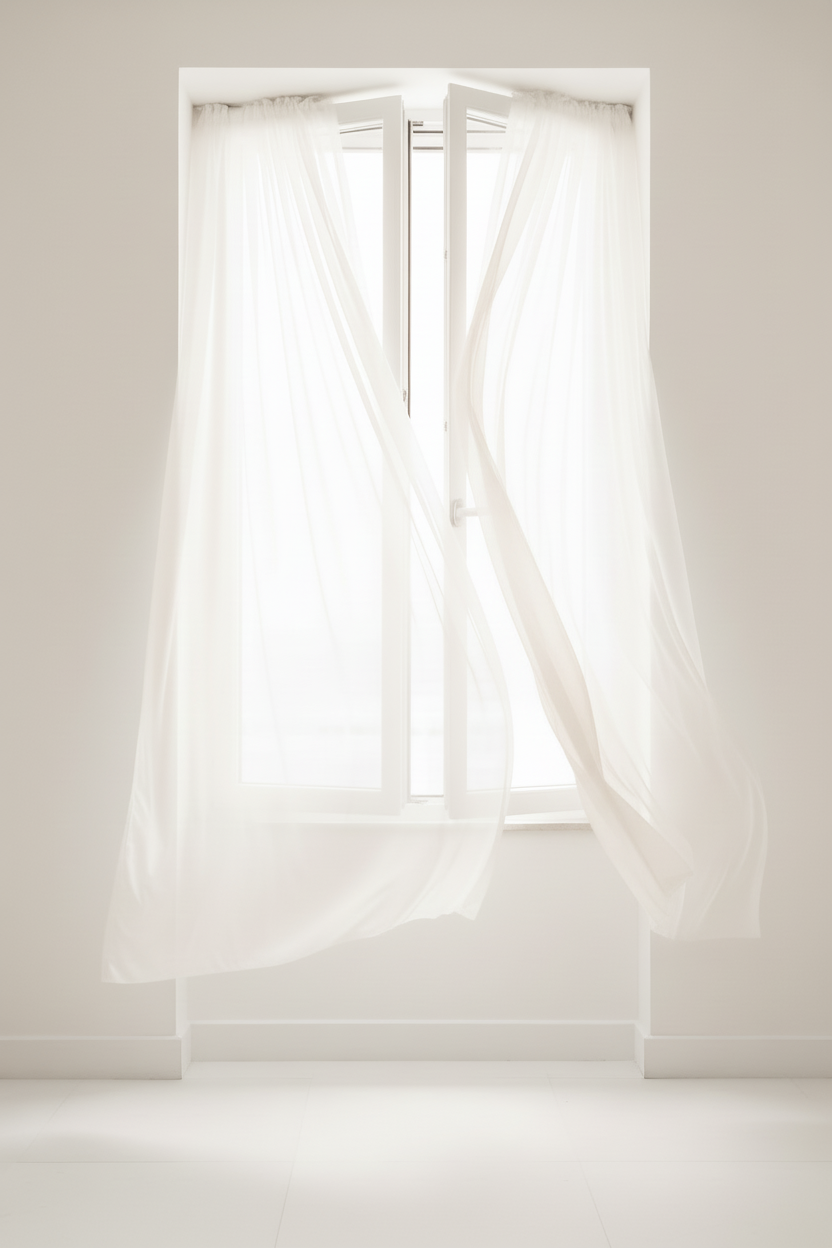 White sheer curtains in a window with a plain background
