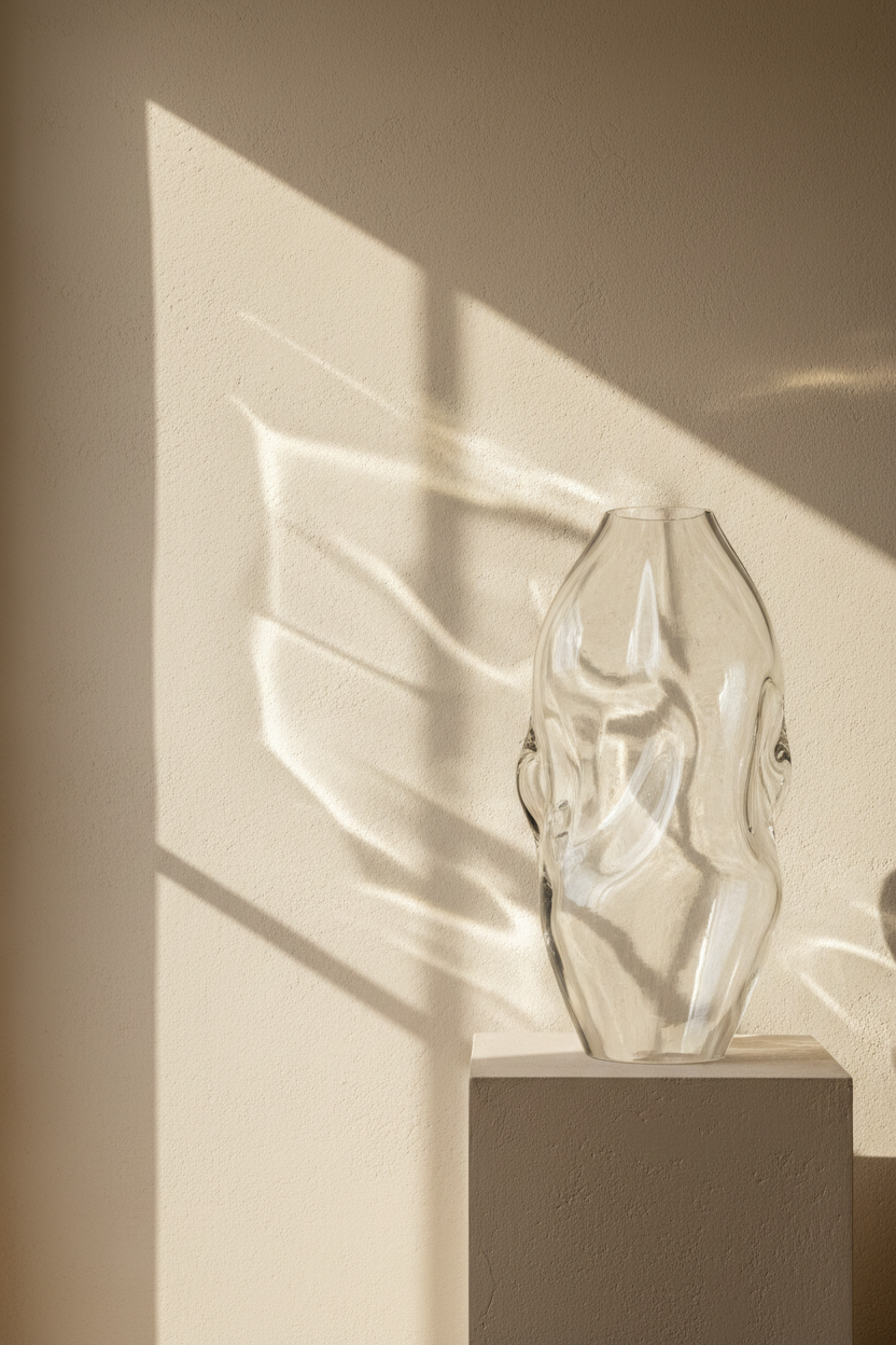 Clear glass vase on a pedestal with soft shadows on a neutral background