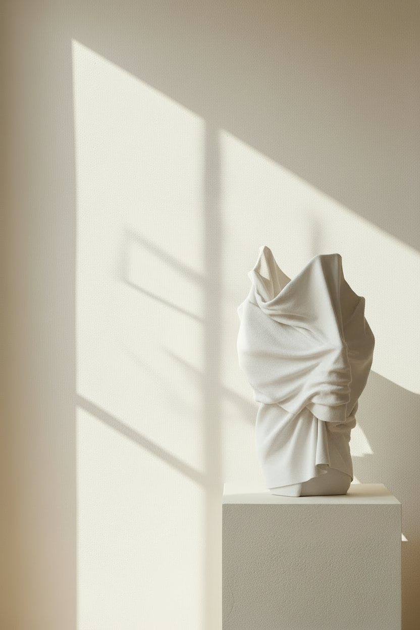 Crystal sculpture on a pedestal with soft shadows on a light-colored wall