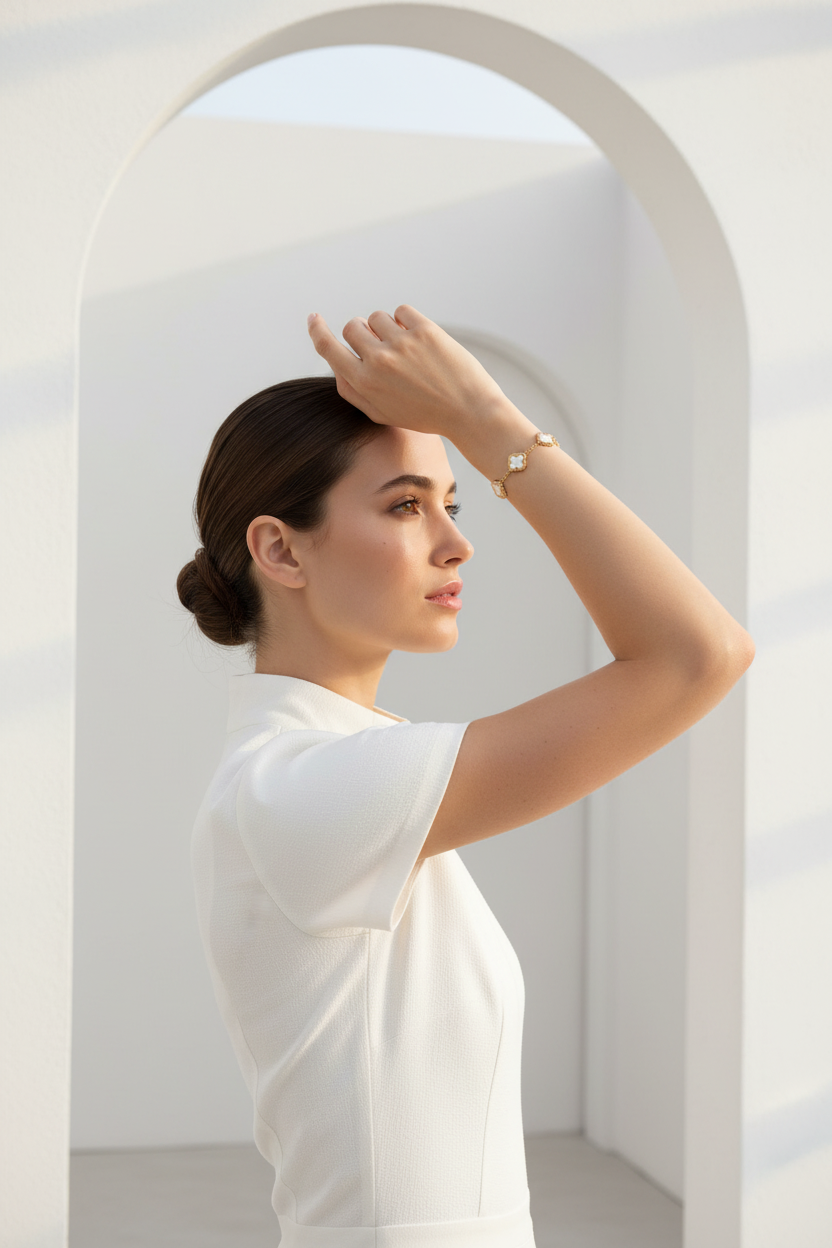 Woman in a white t-shirt standing against a white archway