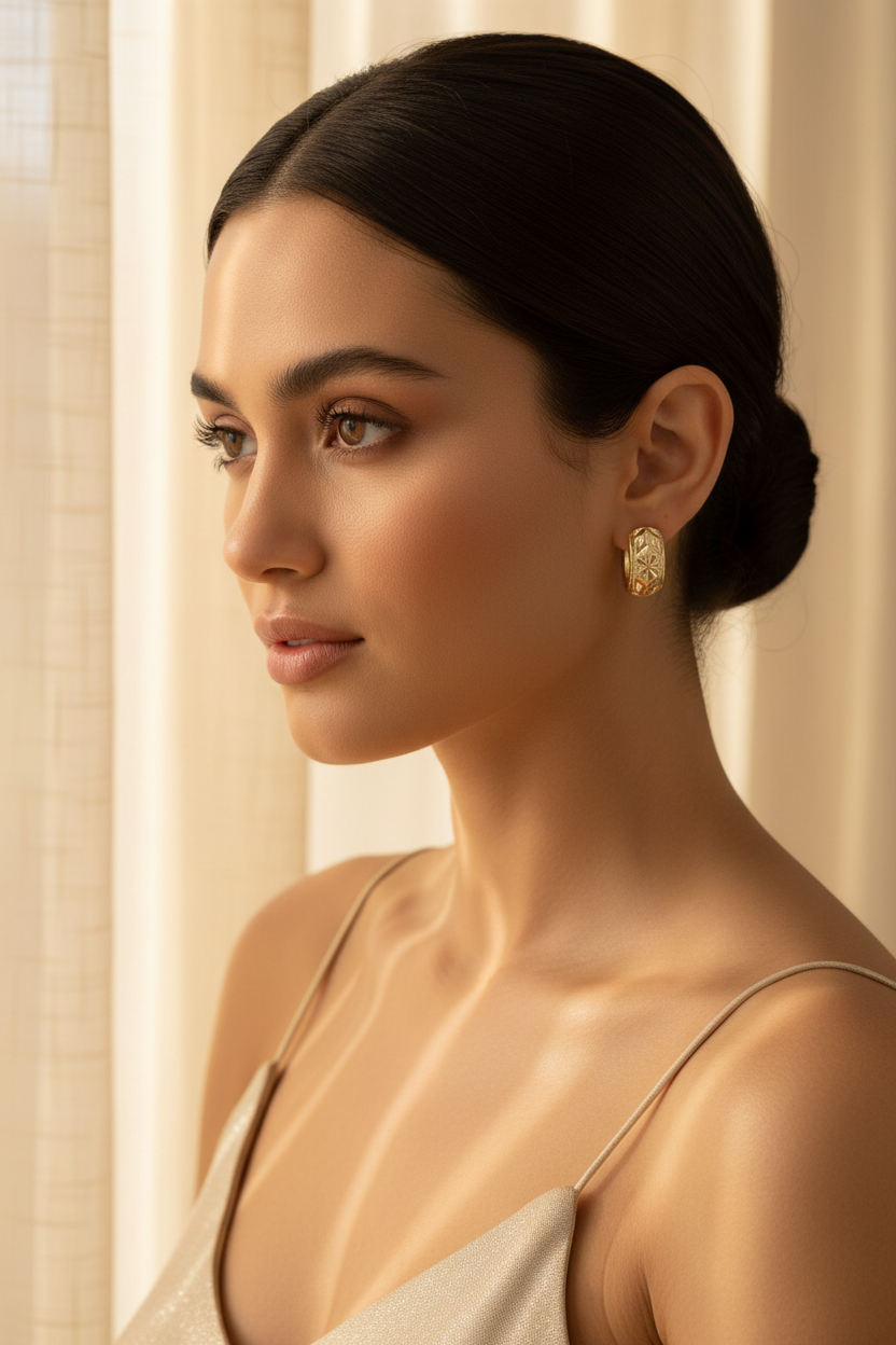 Woman wearing gold earrings with a neutral background