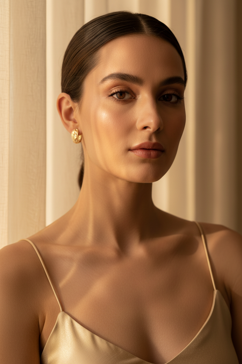 Woman wearing a beige top with thin straps against a neutral background