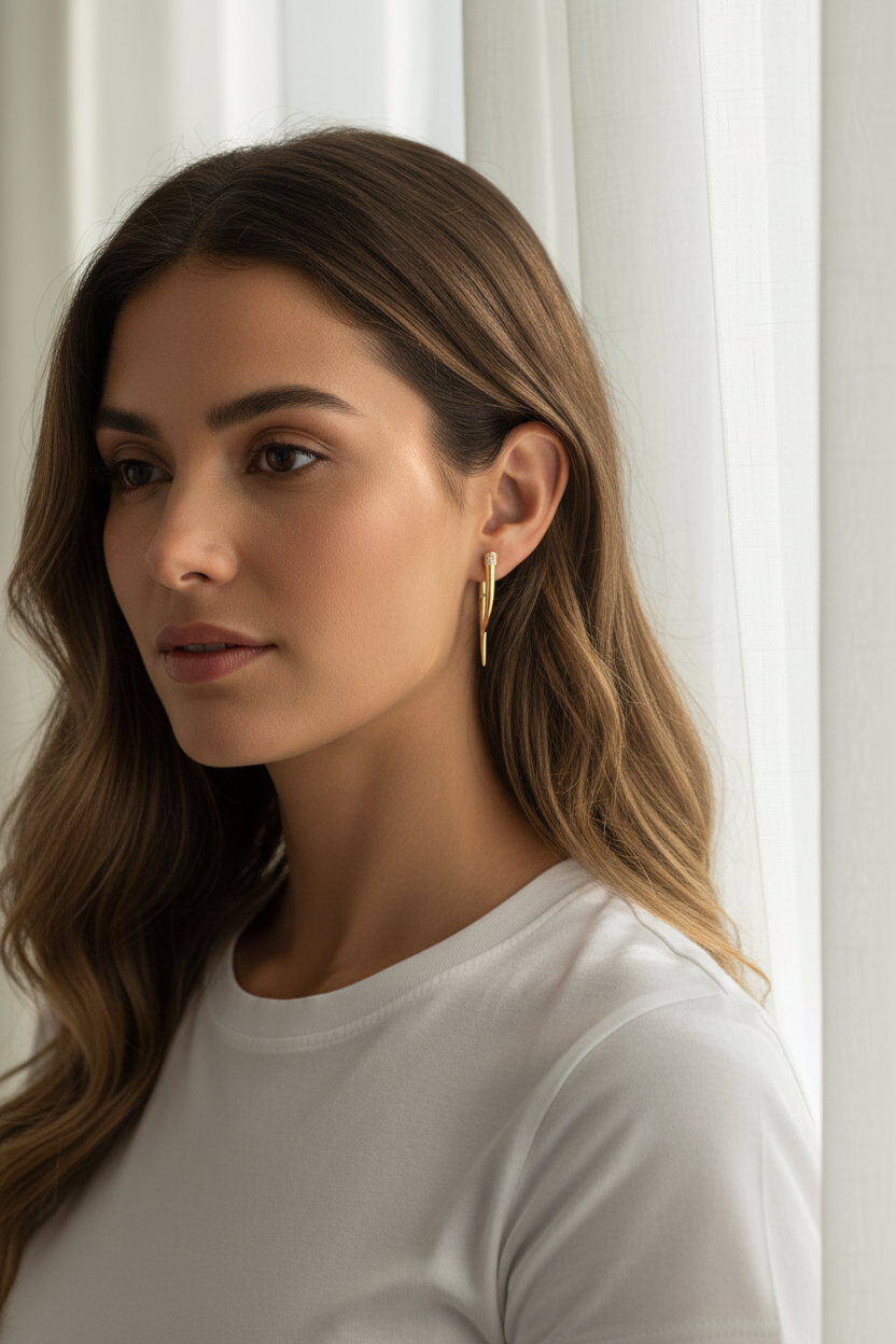 Woman wearing a white shirt with a neutral background