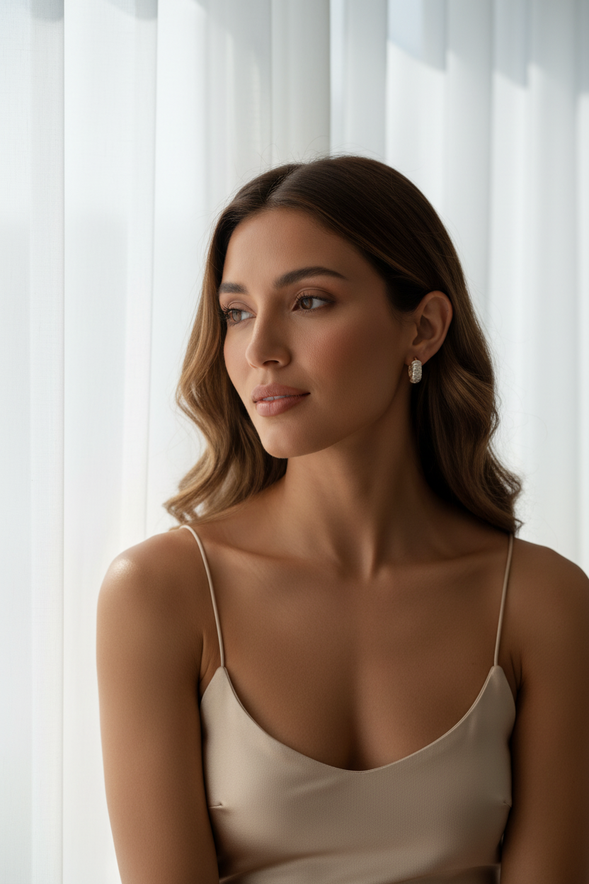 Woman wearing a beige dress with a white curtain background