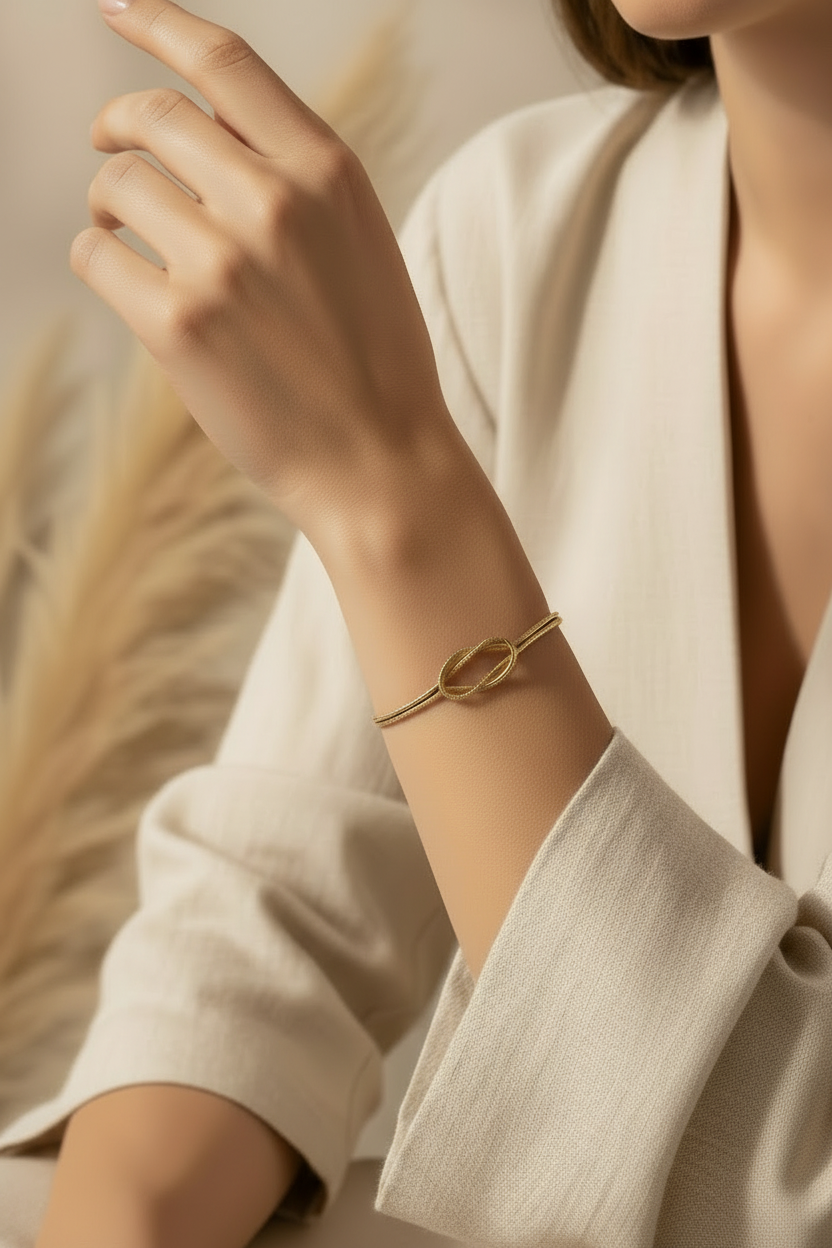 Close-up of a person wearing a gold bracelet on a neutral background