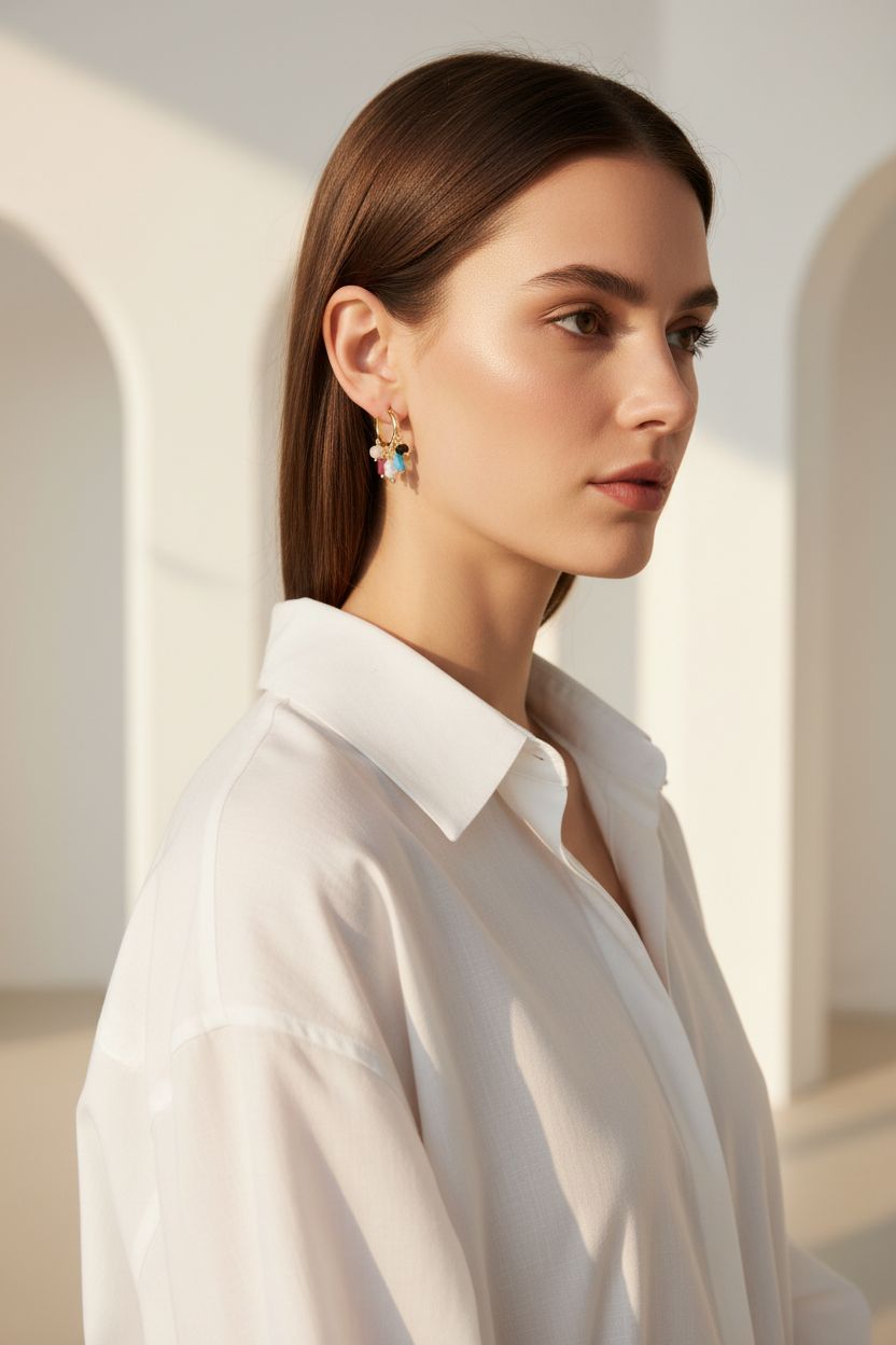 Woman wearing a white shirt with a neutral background