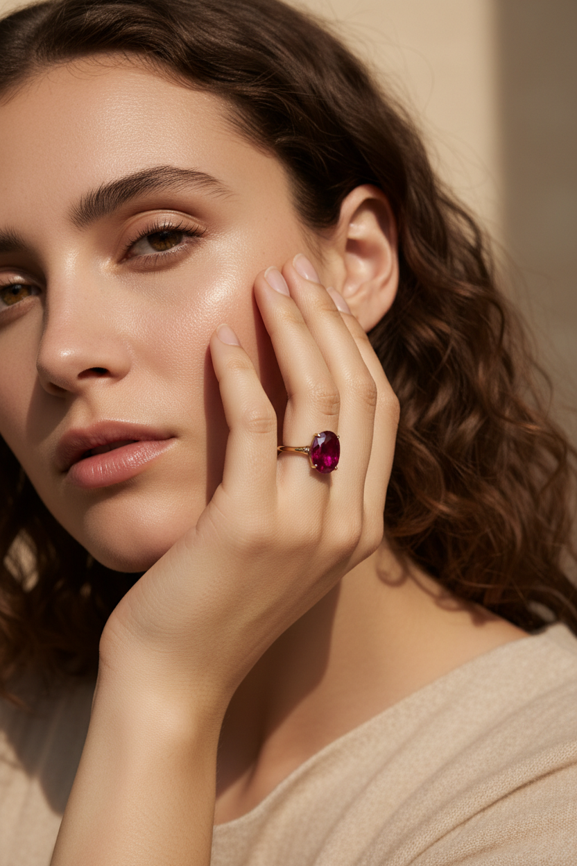 Ruby ring hand over face editorial
