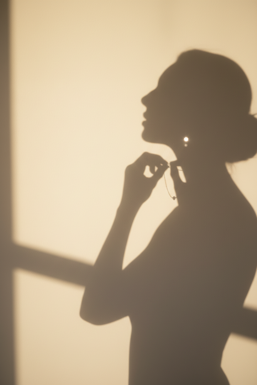 Silhouette of a person adjusting an earring against a light background
