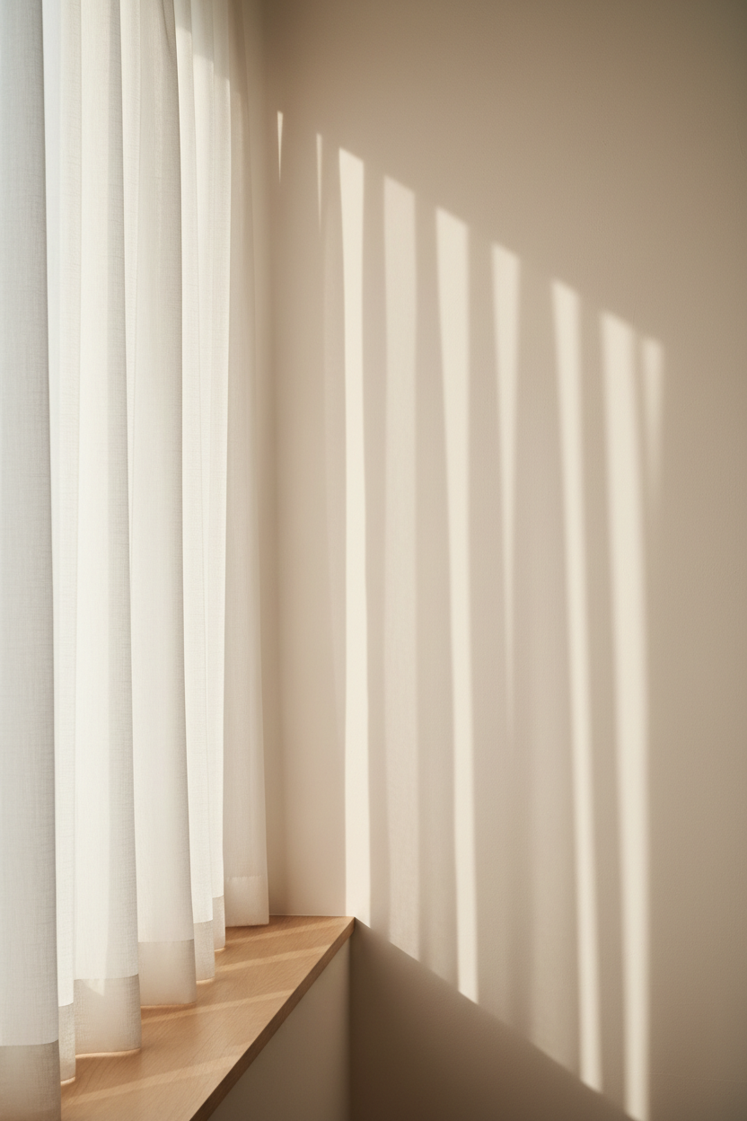 White curtains with sunlight filtering through on a neutral wall