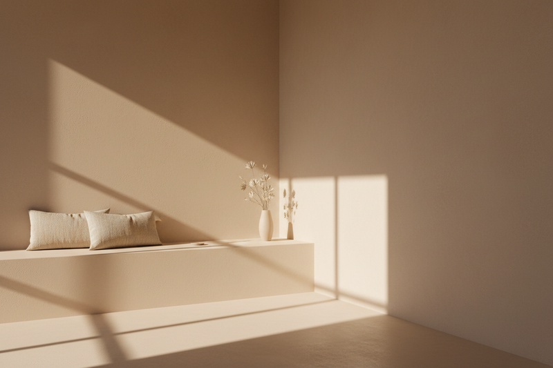 Minimalist room with beige walls, a bench, and decorative items.