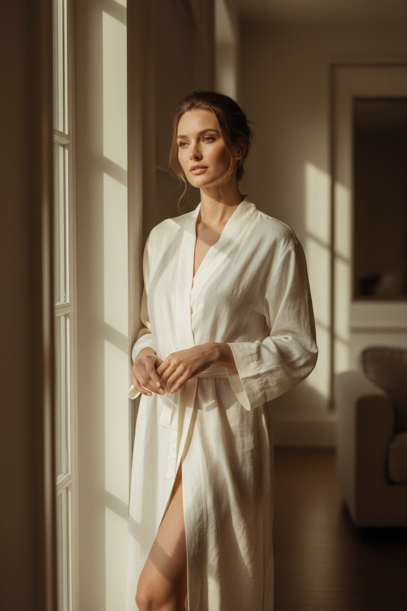 Woman in a white robe standing by a window with soft lighting